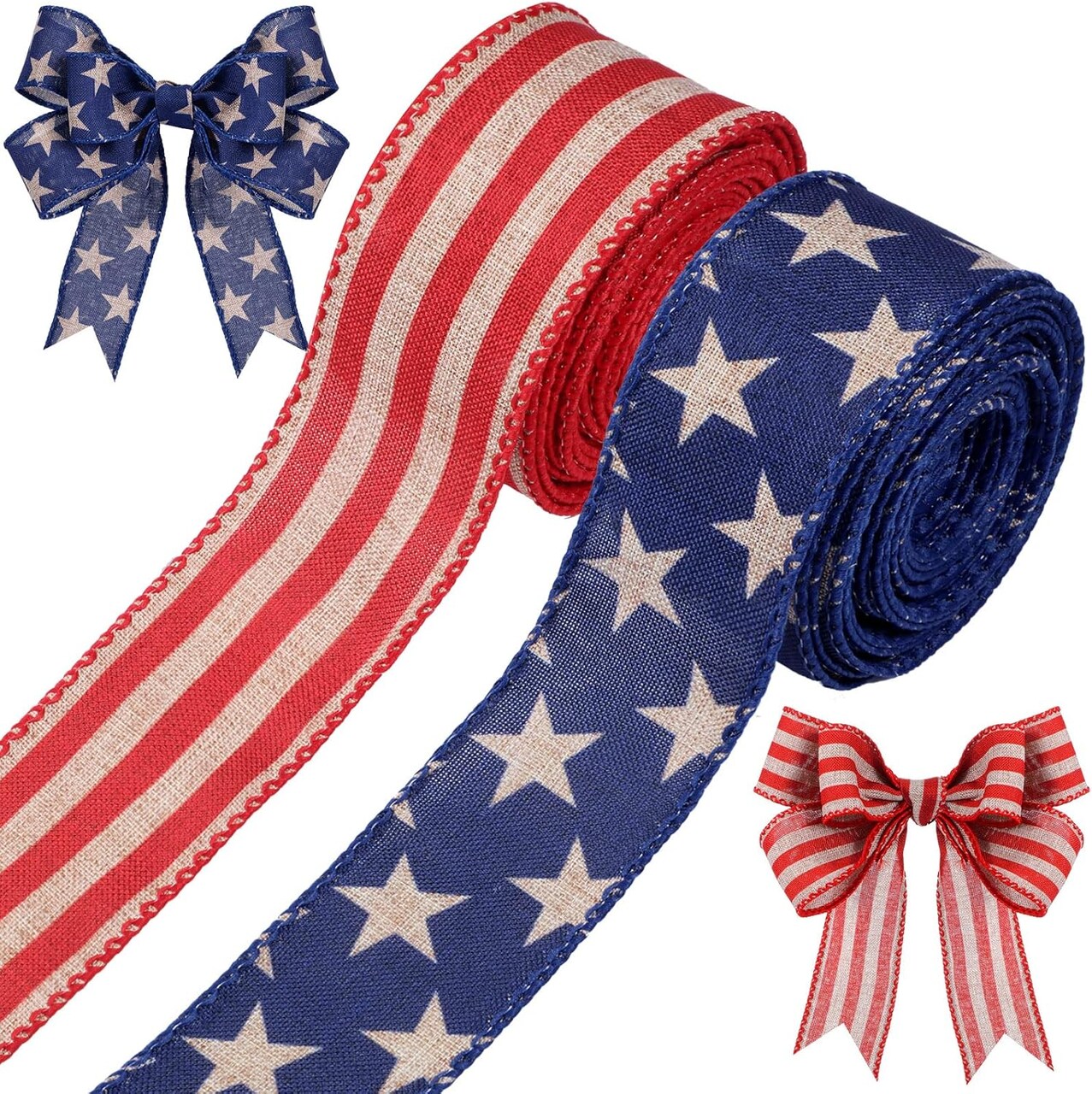 2 Rolls 20 Yard Red White and Blue Ribbon Patriotic Star and Striped Wired Royal USA Ribbon DIY Crafts for 4th of July